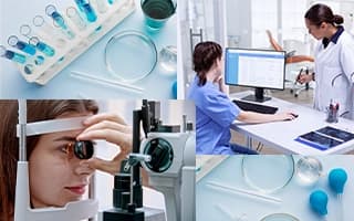 Healthcare professionals using lab equipment and computer systems for diagnostics and patient data analysis